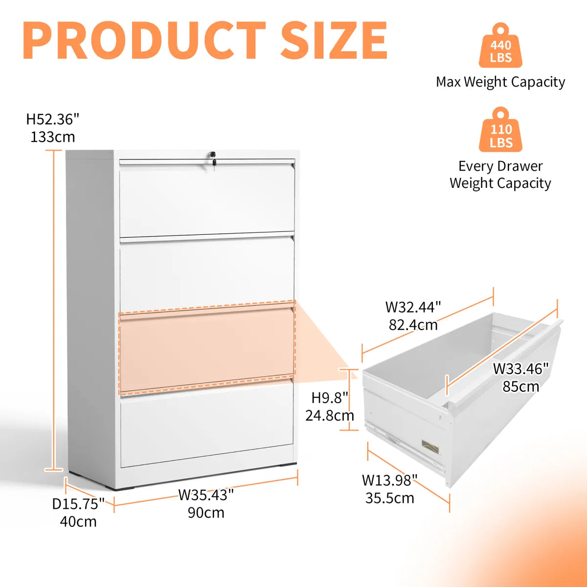 4-Drawer Lateral Metal File Cabinet with Lock, White, Heavy Duty