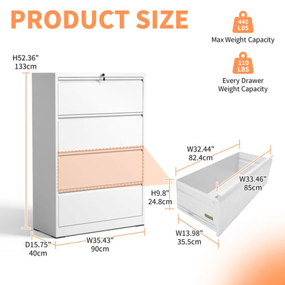 4-Drawer Lateral Metal File Cabinet with Lock, White, Heavy Duty