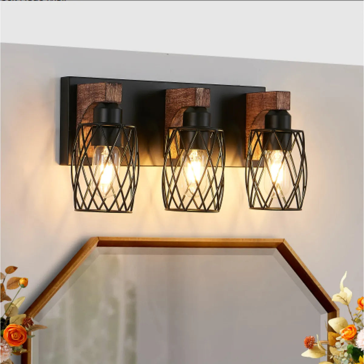 Industrial 3-Light Vanity Wall Sconce – Black Cage with Wood Accents
