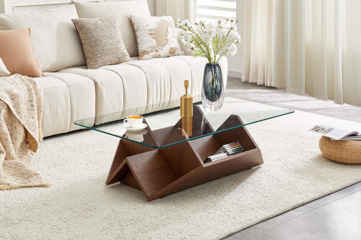 Glass and MDF storage coffee table, walnut