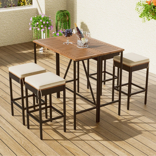 5-Piece Outdoor Acacia Wood Bar Height Table & Stools Set