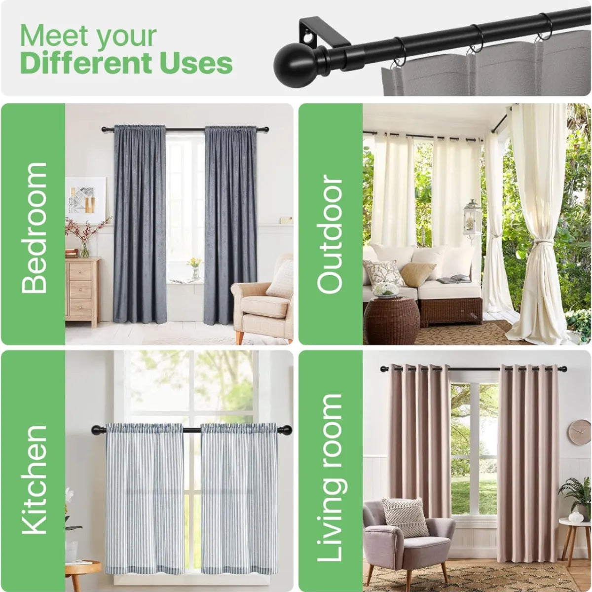 Adjustable Curtain Rod Set – Black Metal Drapery Rod with Brackets