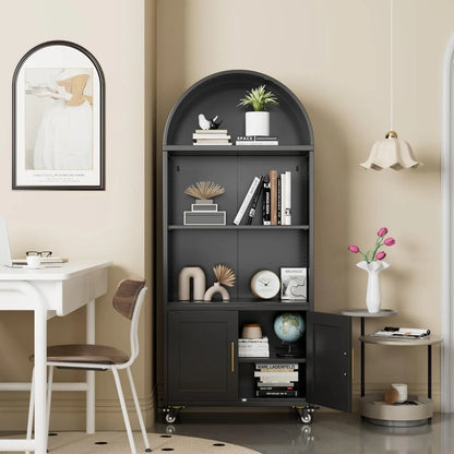 Metal Arched Bookcase with Wheels, Black – Freestanding Storage Cabinet