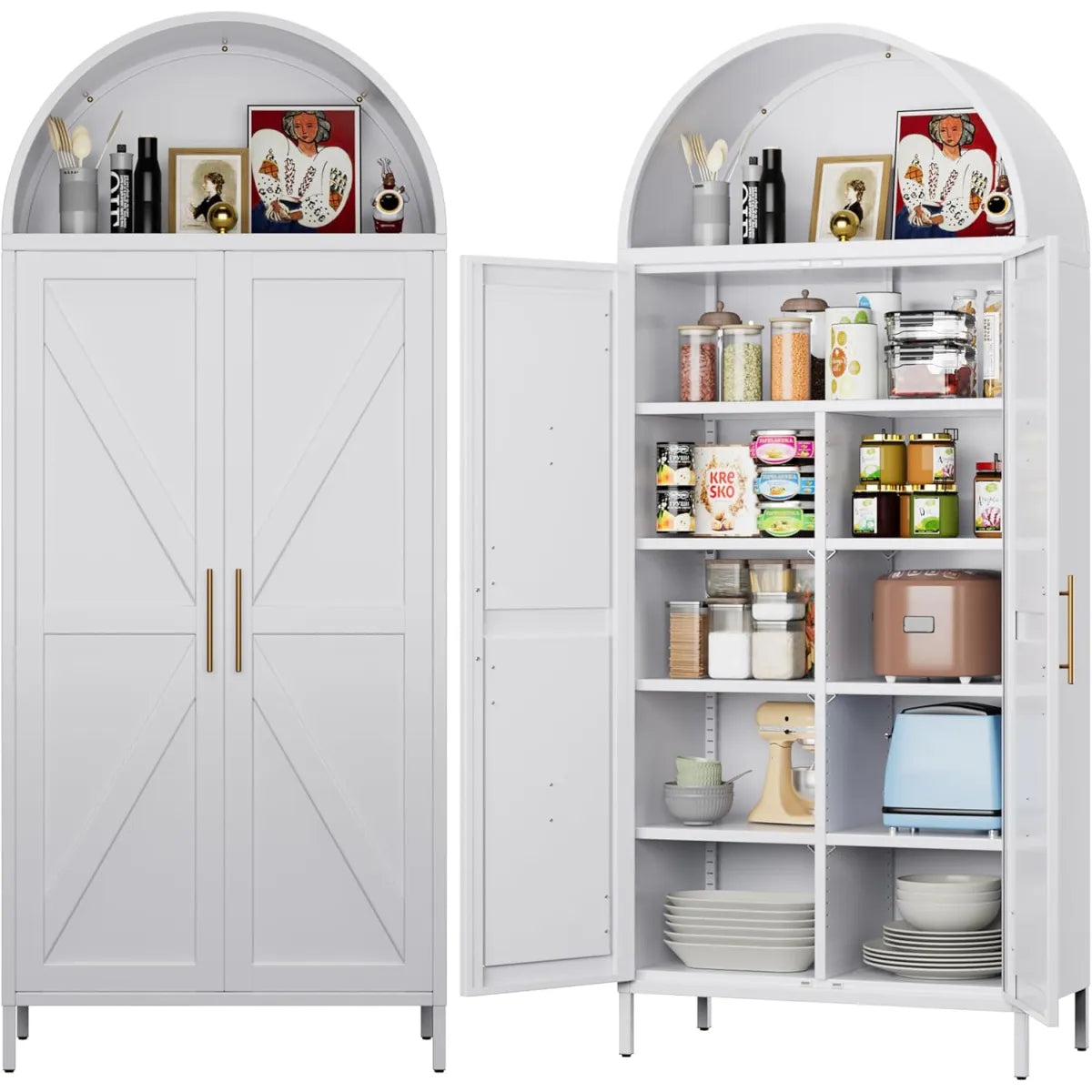 31" Tall Arched Kitchen Pantry Cabinet – Metal, White Freestanding Storage – view 3