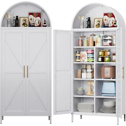31" Tall Arched Kitchen Pantry Cabinet – Metal, White Freestanding Storage – view 3