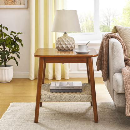 23 inch boho side table with woven shelf, walnut