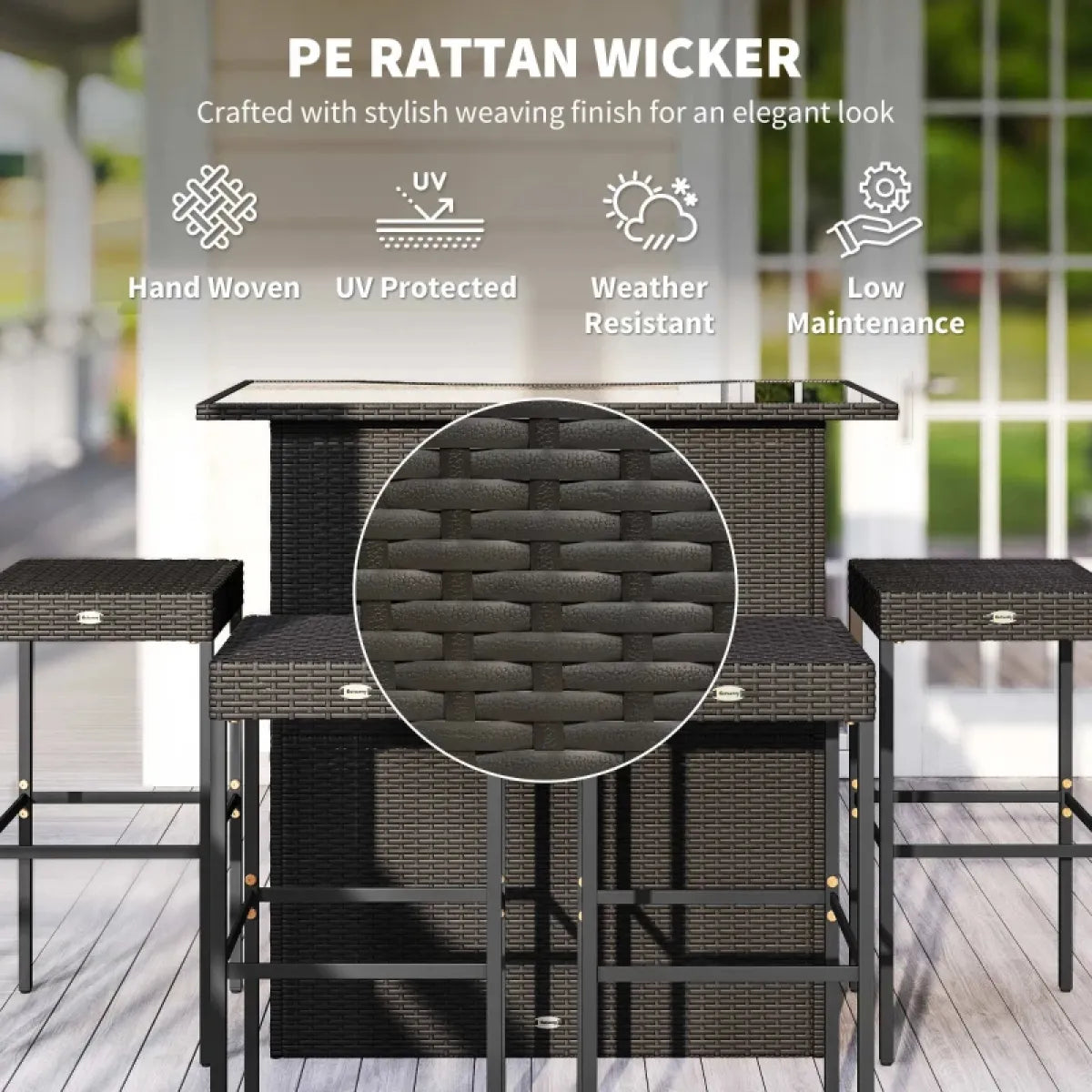 5-Piece Rattan Wicker Outdoor Bar Height Table and Stool Set, Brown