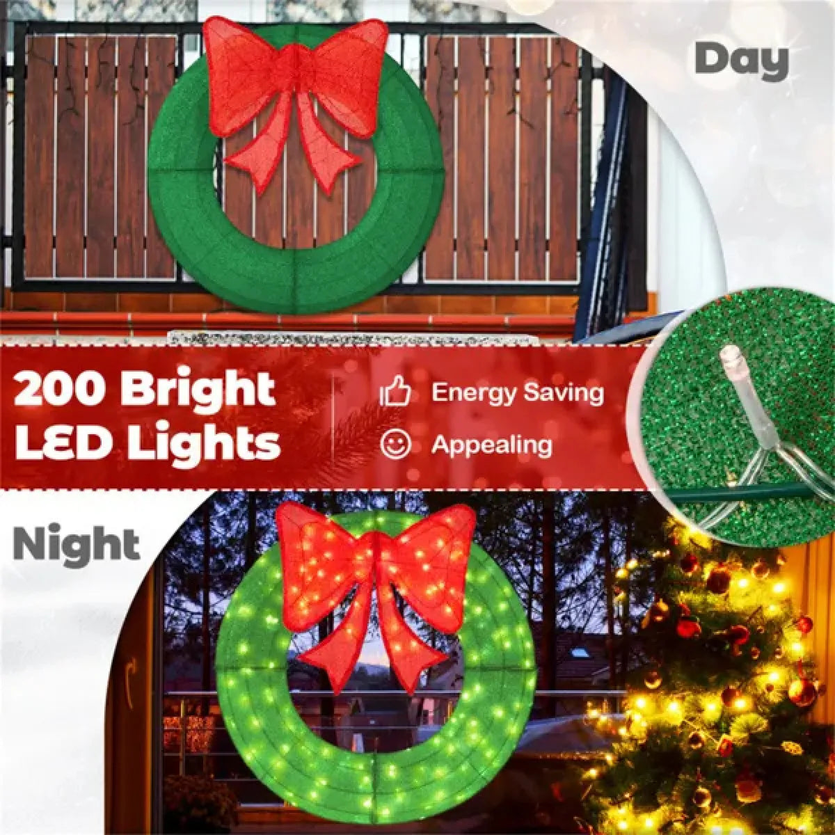 Pre-Lit Christmas Wreath with 200 LED Lights and Bow