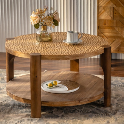 2-Tier Round Coffee Table – Solid Wood Legs & MDF Top, Mid Century Modern Living Room