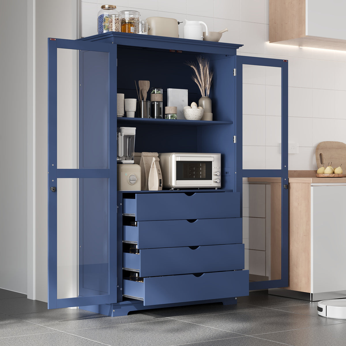 Farmhouse Pantry Cabinet with Glass Doors, Blue