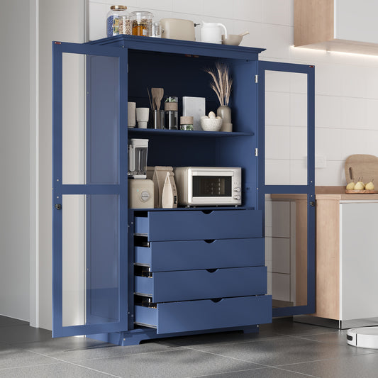 Farmhouse Pantry Cabinet with Glass Doors, Blue