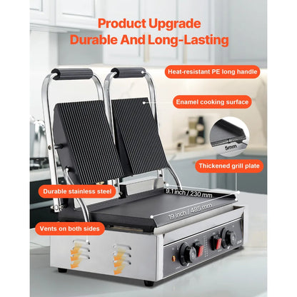 Commercial Panini Press – Large Electric Sandwich Grill with Ribbed Plates