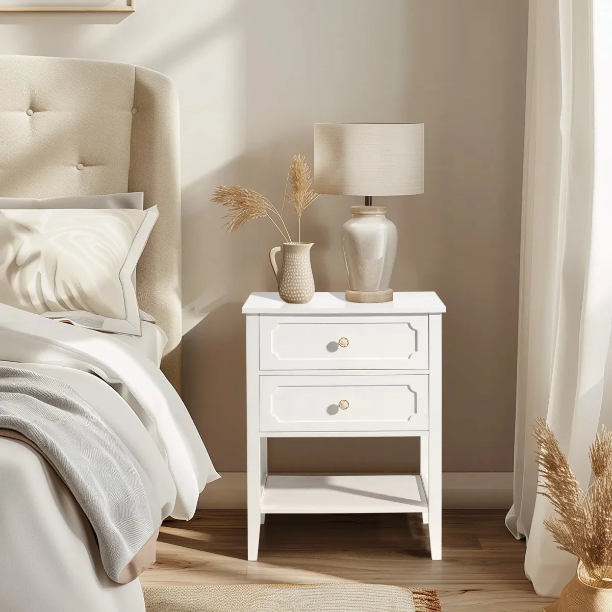 White Wood Nightstand with 2 Drawers and Open Shelf