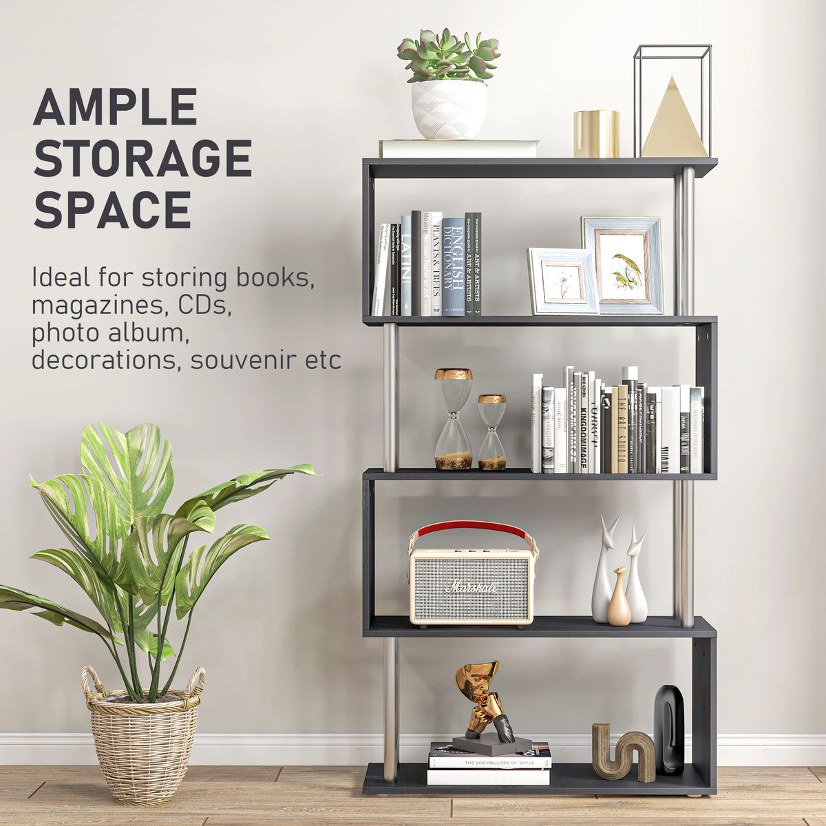 S-shaped 5-tier bookcase and room divider, black