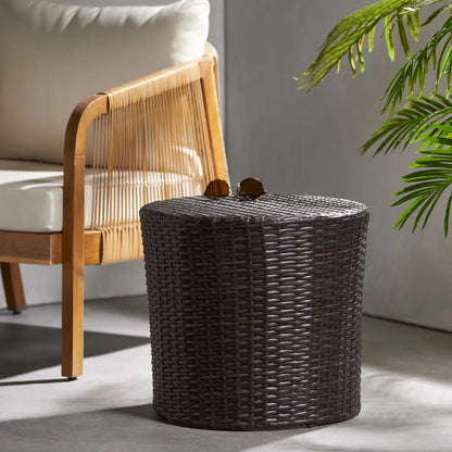 Barrel-Style Outdoor Wicker End Table, Round