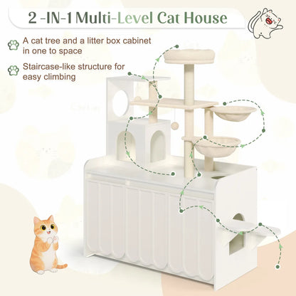Cat Tree with Litter Box Enclosure, White