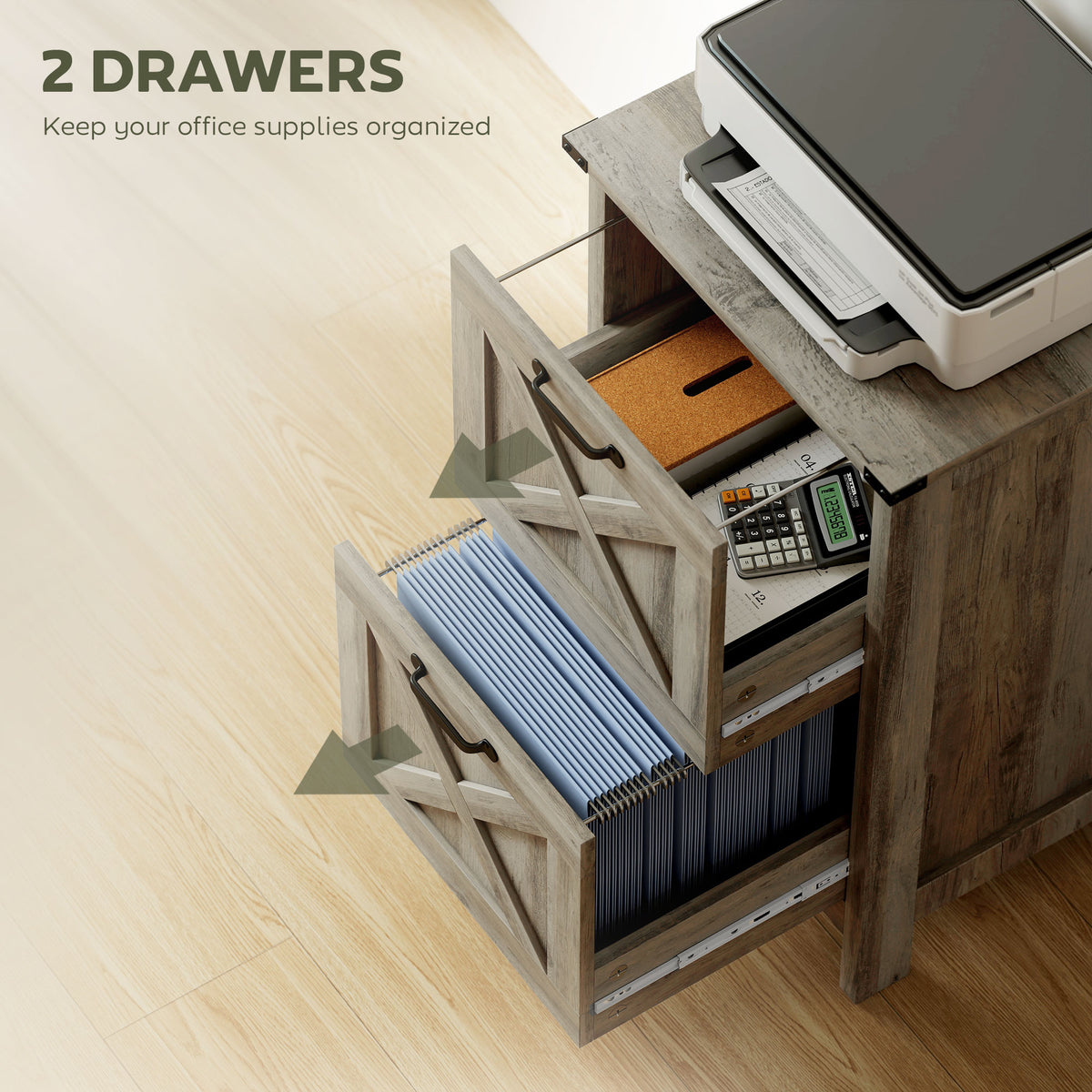 Rustic farmhouse 2-drawer file cabinet, distressed gray