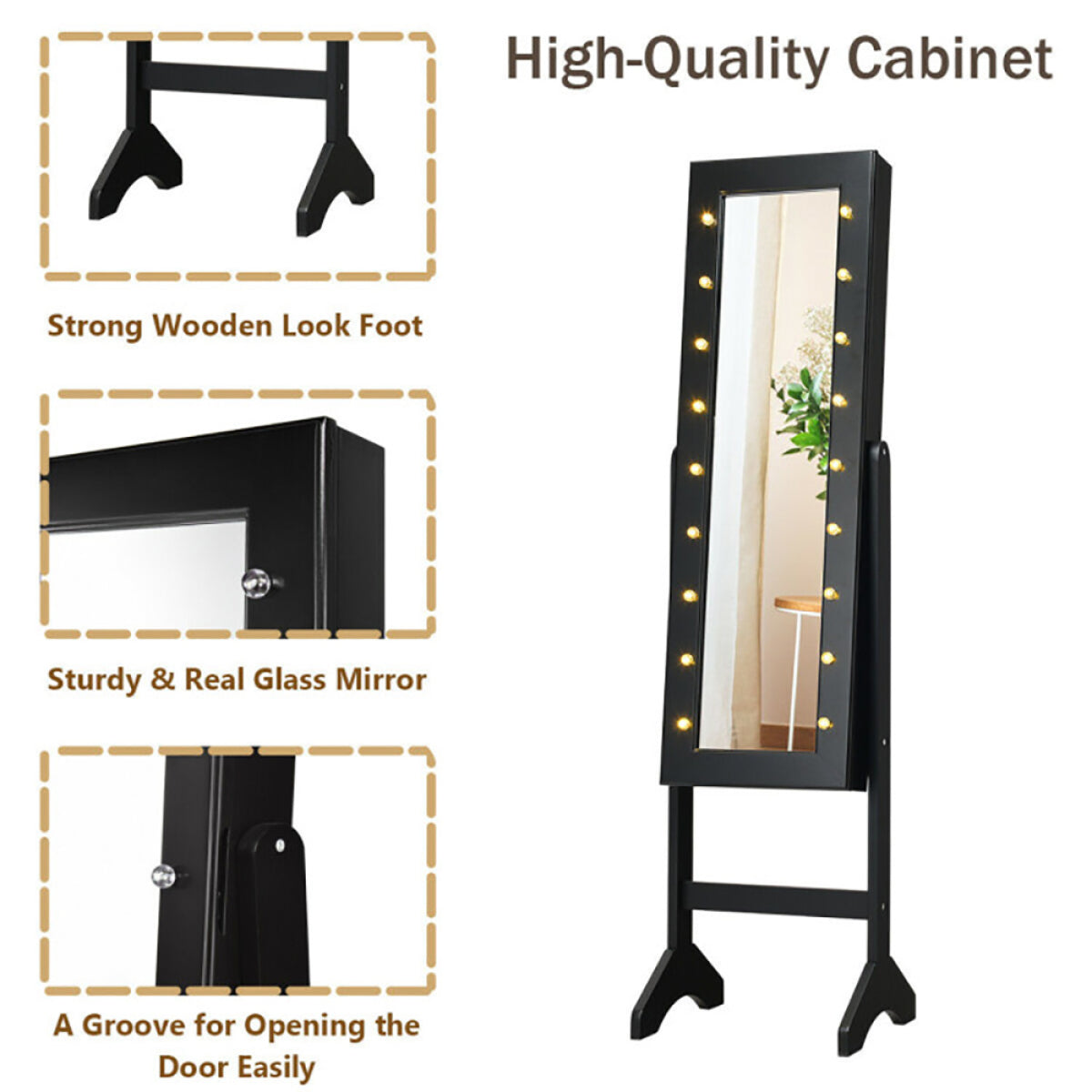 Mirrored Standing Jewelry Armoire – LED Lights, Bedroom Storage – view 7