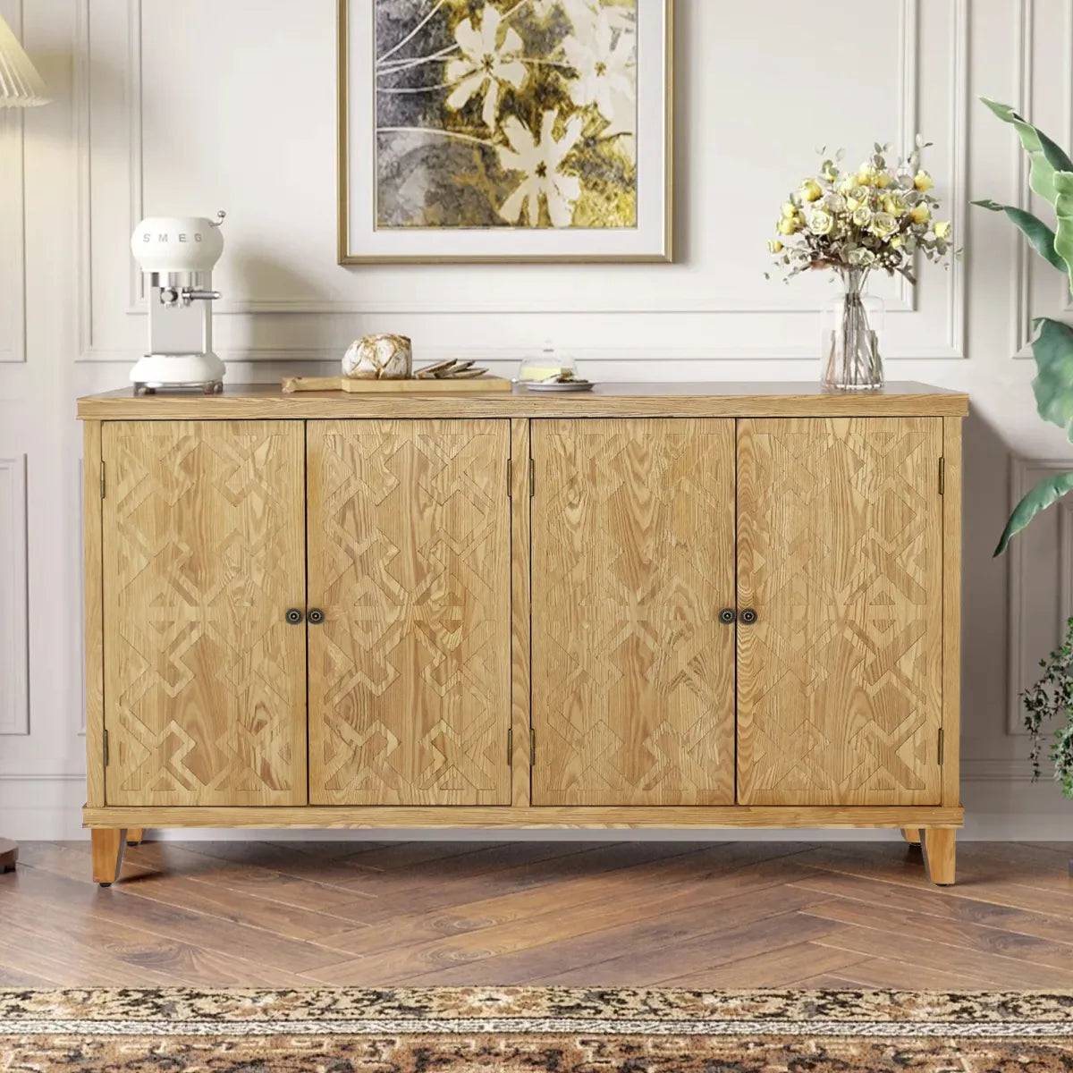 59" Brown Accent Cabinet with 4 Doors, Media & Buffet Console