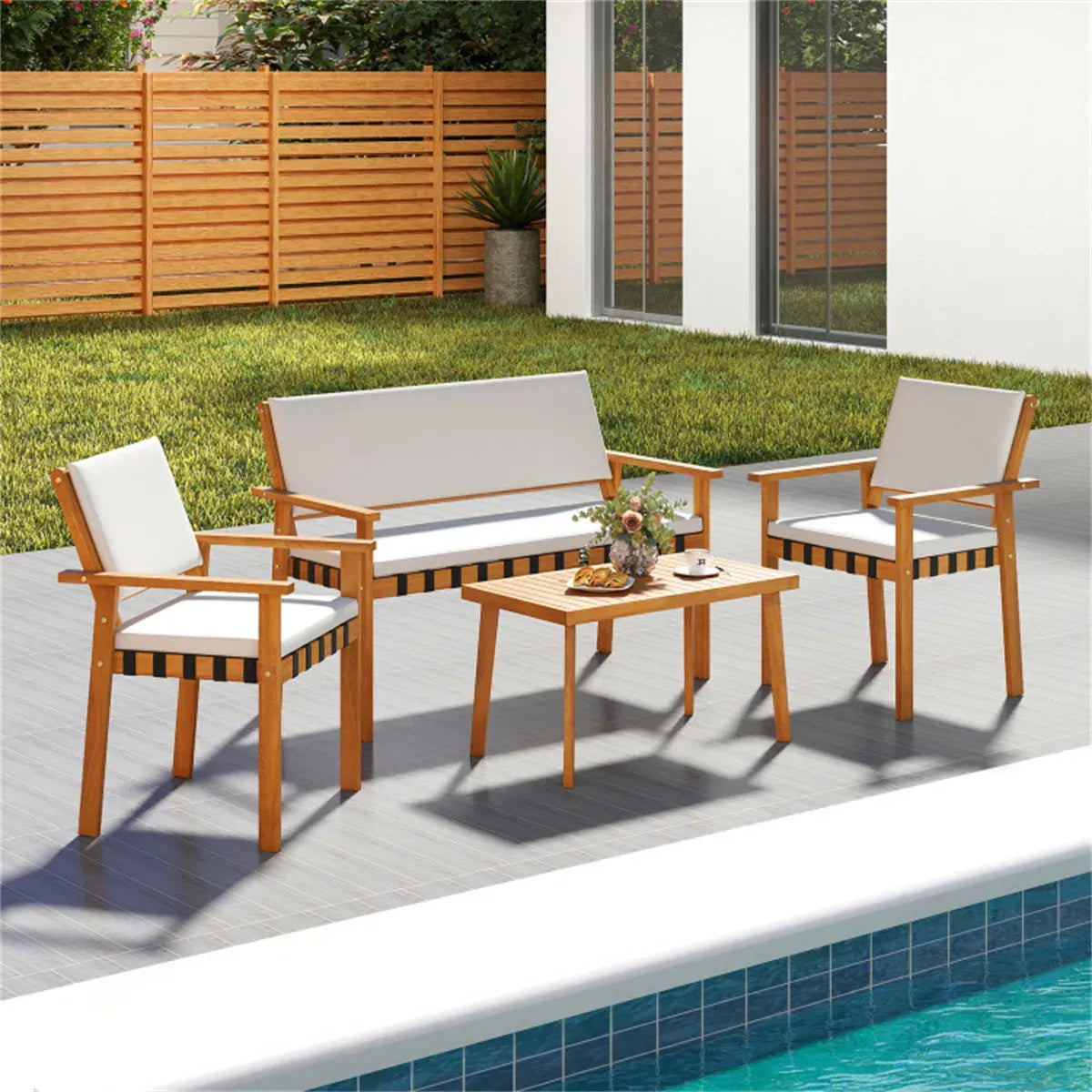 4-Piece Acacia Wood Patio Conversation Set with Cushions, Loveseat, Armchairs and Coffee Table