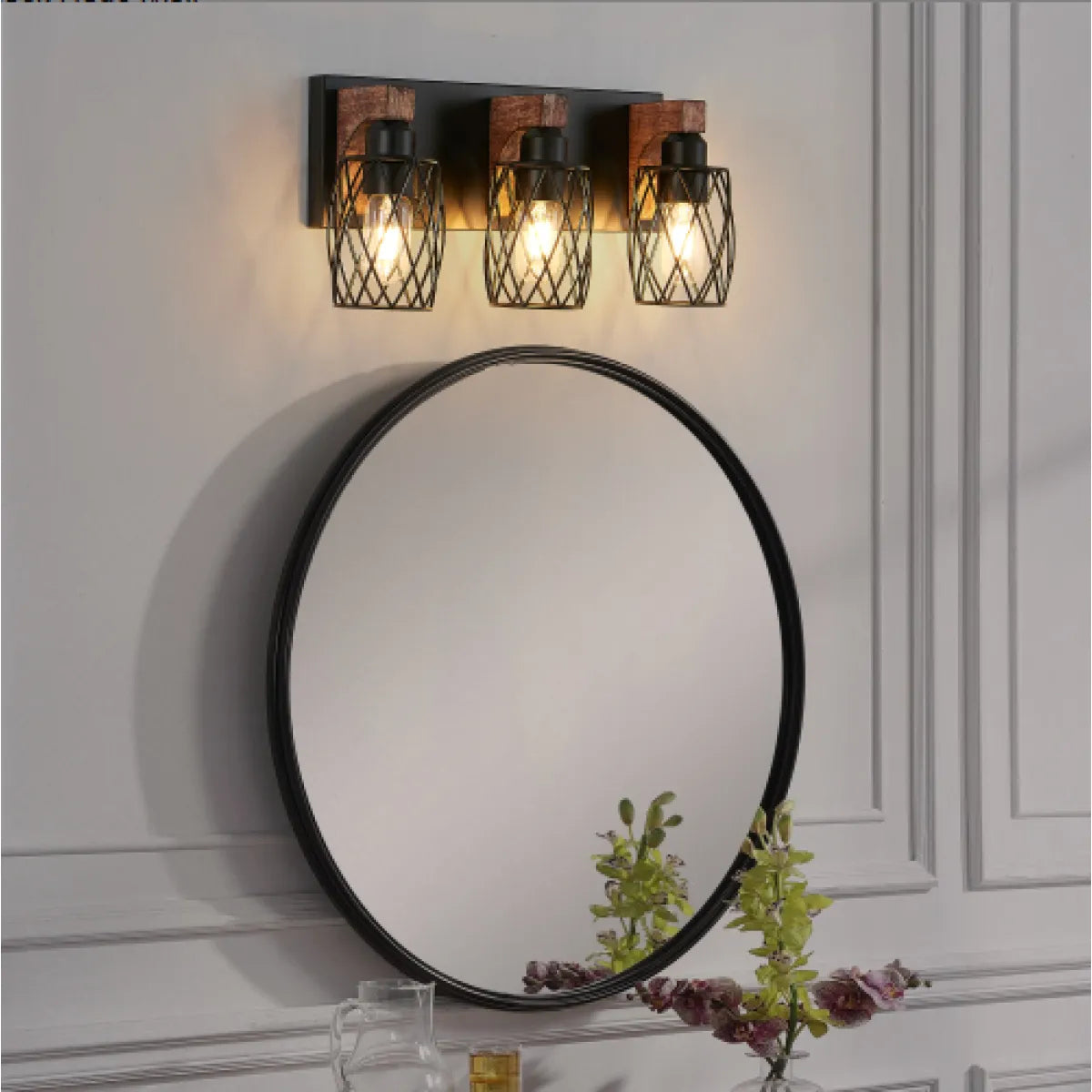 Industrial 3-Light Vanity Wall Sconce – Black Cage with Wood Accents
