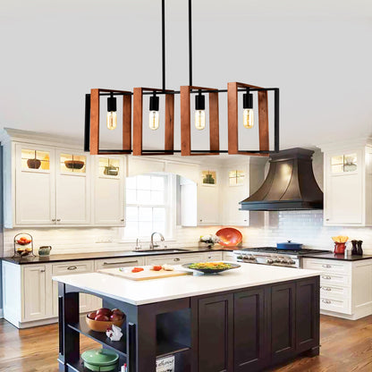 4-light farmhouse rectangular pendant, wood and black