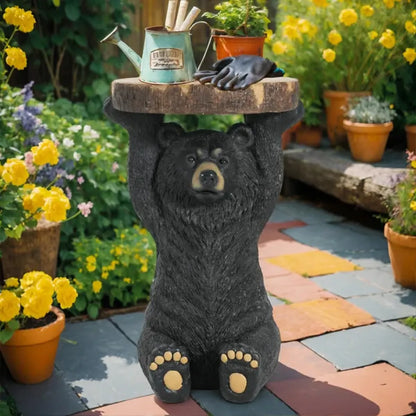 Black Bear Statue Side Table, Hand-Painted Sculpture End Table