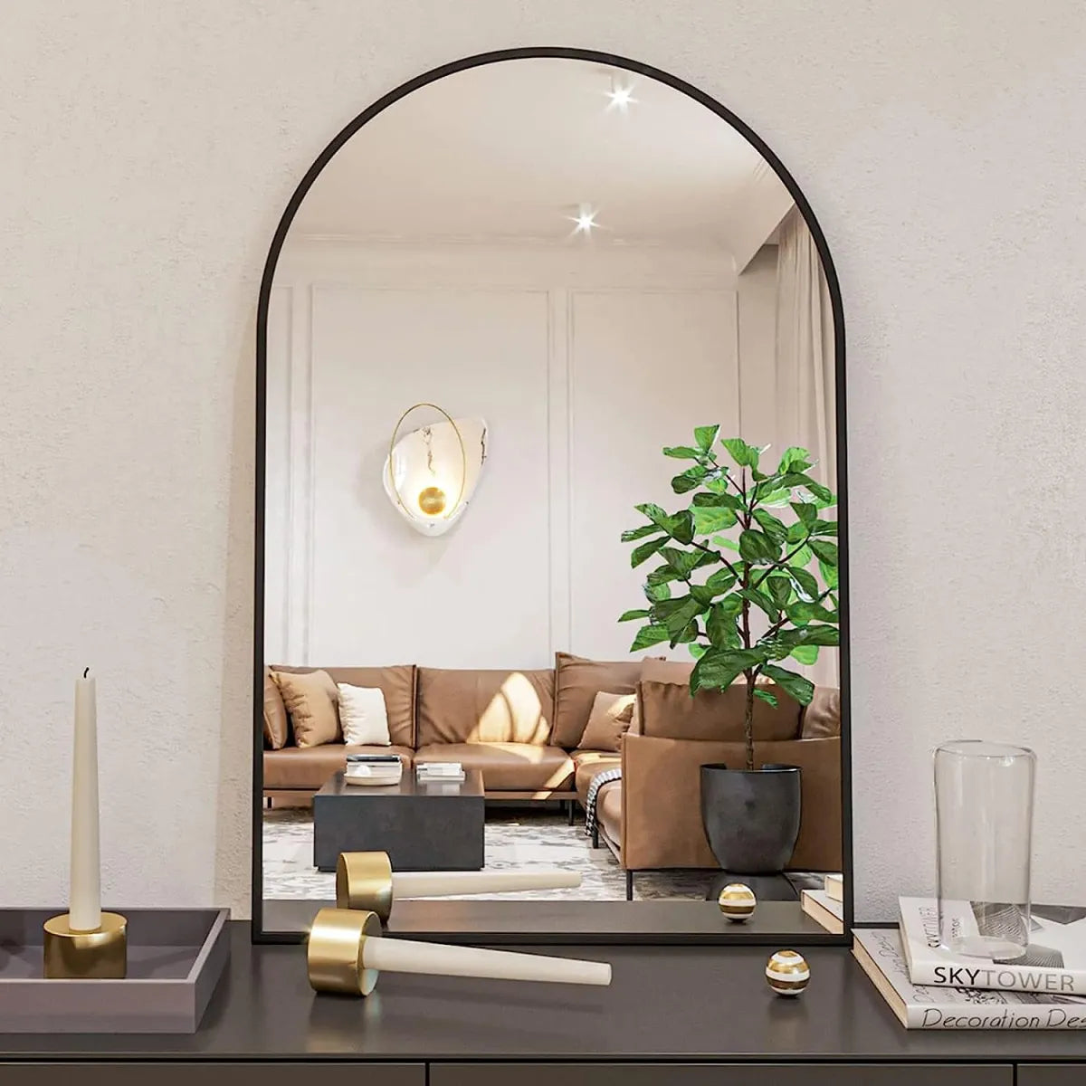 Arched Black Metal Framed Wall Mirror