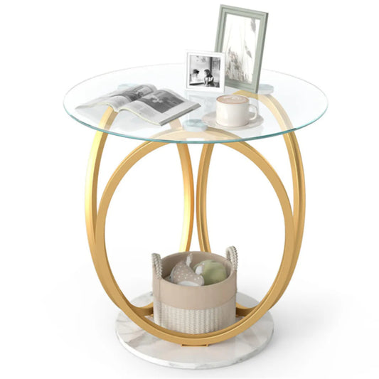 2-Tier Glass Top Side Table with Faux Marble Base