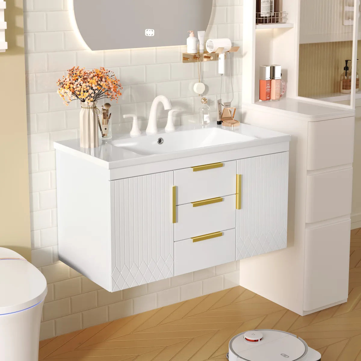 Wall-Mounted Floating Bathroom Vanity Cabinet, White