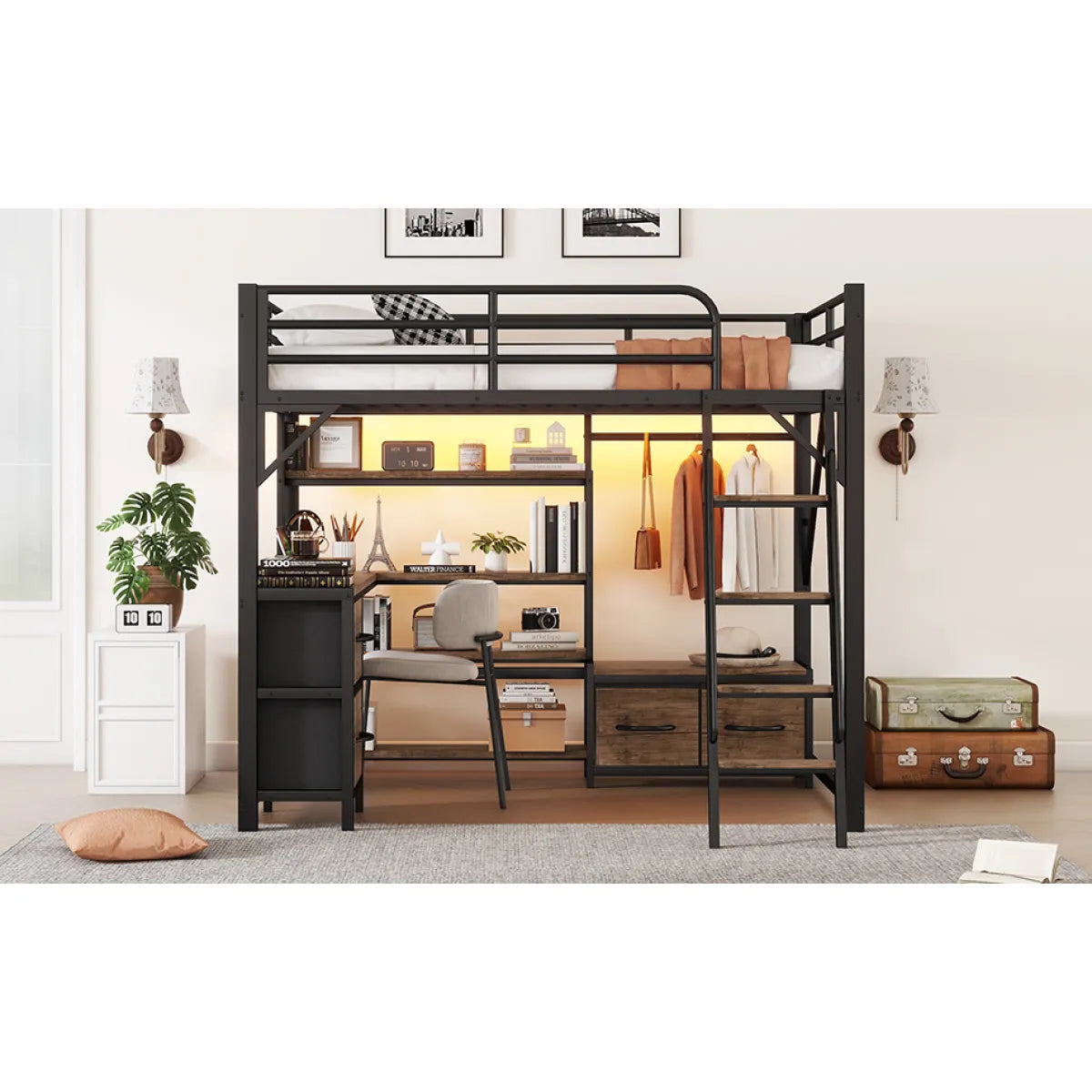 Full Size Metal Loft Bed with Desk, Wardrobe & Storage Shelves – view 7