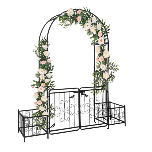 Metal Garden Arbor Arch with Gate and Planter Box, Black
