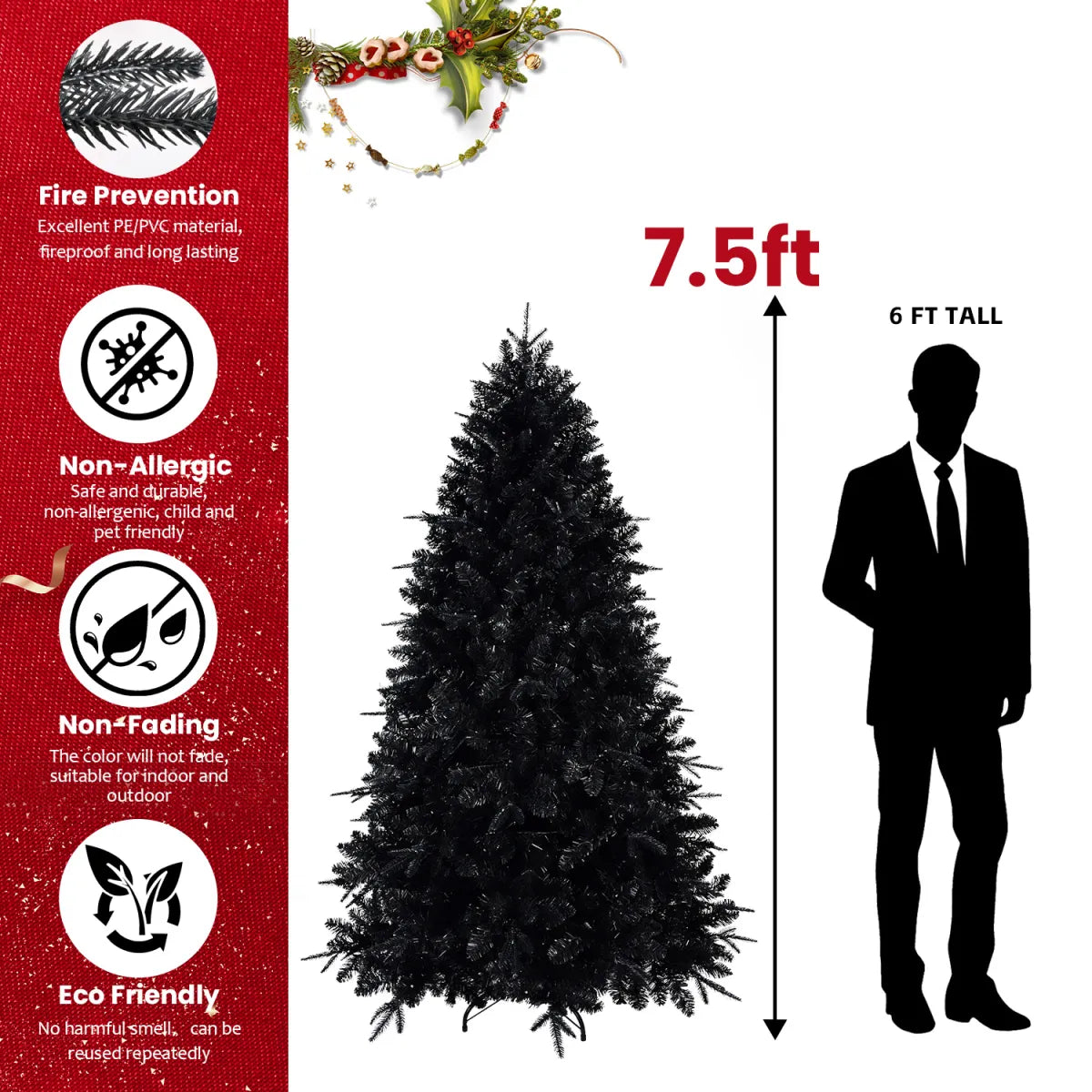 Pre-Lit Black Artificial Christmas Tree with White Lights