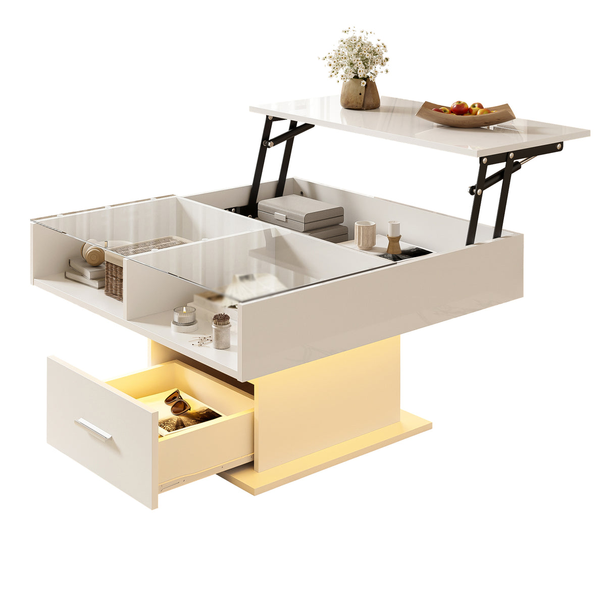 Lift-Top LED Coffee Table, White