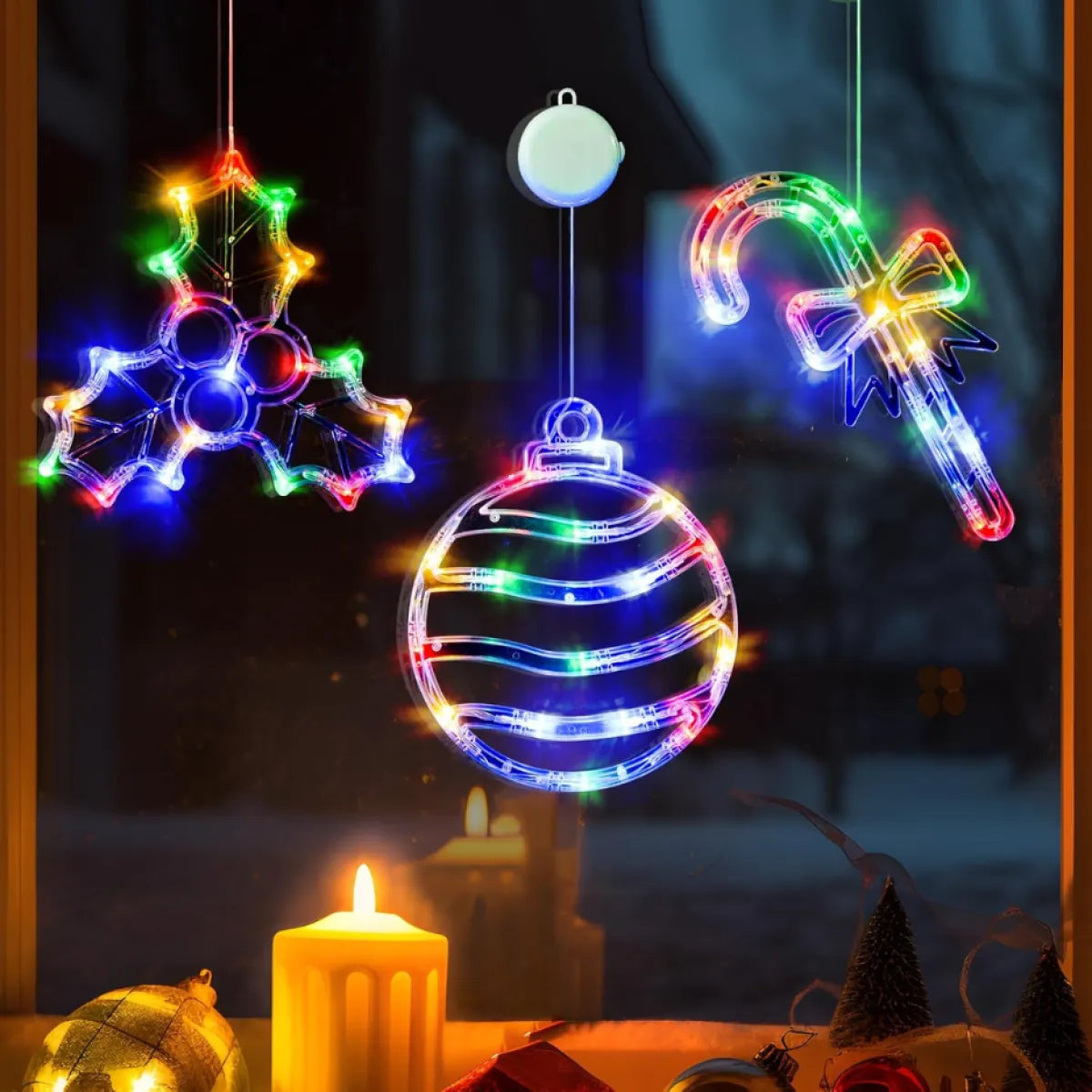 3 Pack Multicolor Christmas Window Lights, Ball, Holly and Candy Cane