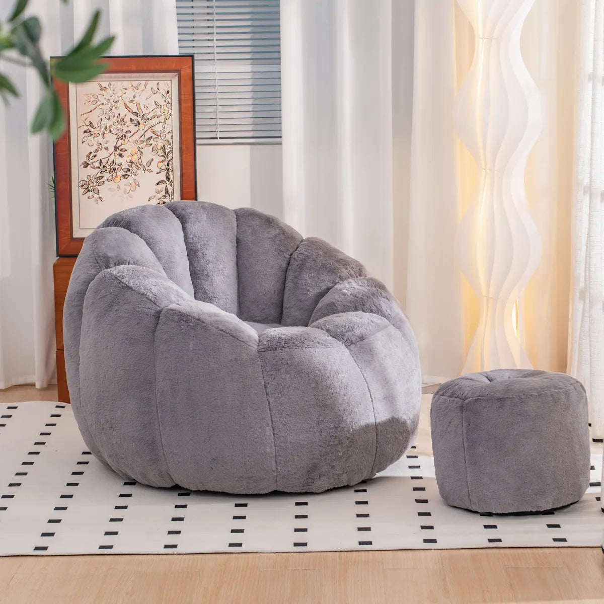 Giant Faux Fur Bean Bag Chair, Shell-Shaped Oversized Floor Sofa, Gray