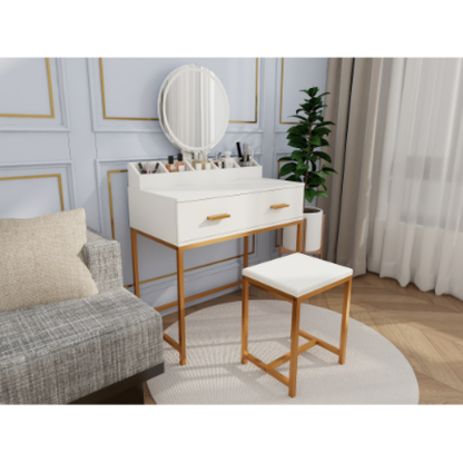 Space-Saving Vanity Set – White & Gold with Mirror, Stool, and Storage Drawer, Bedroom Makeup Station – view 6