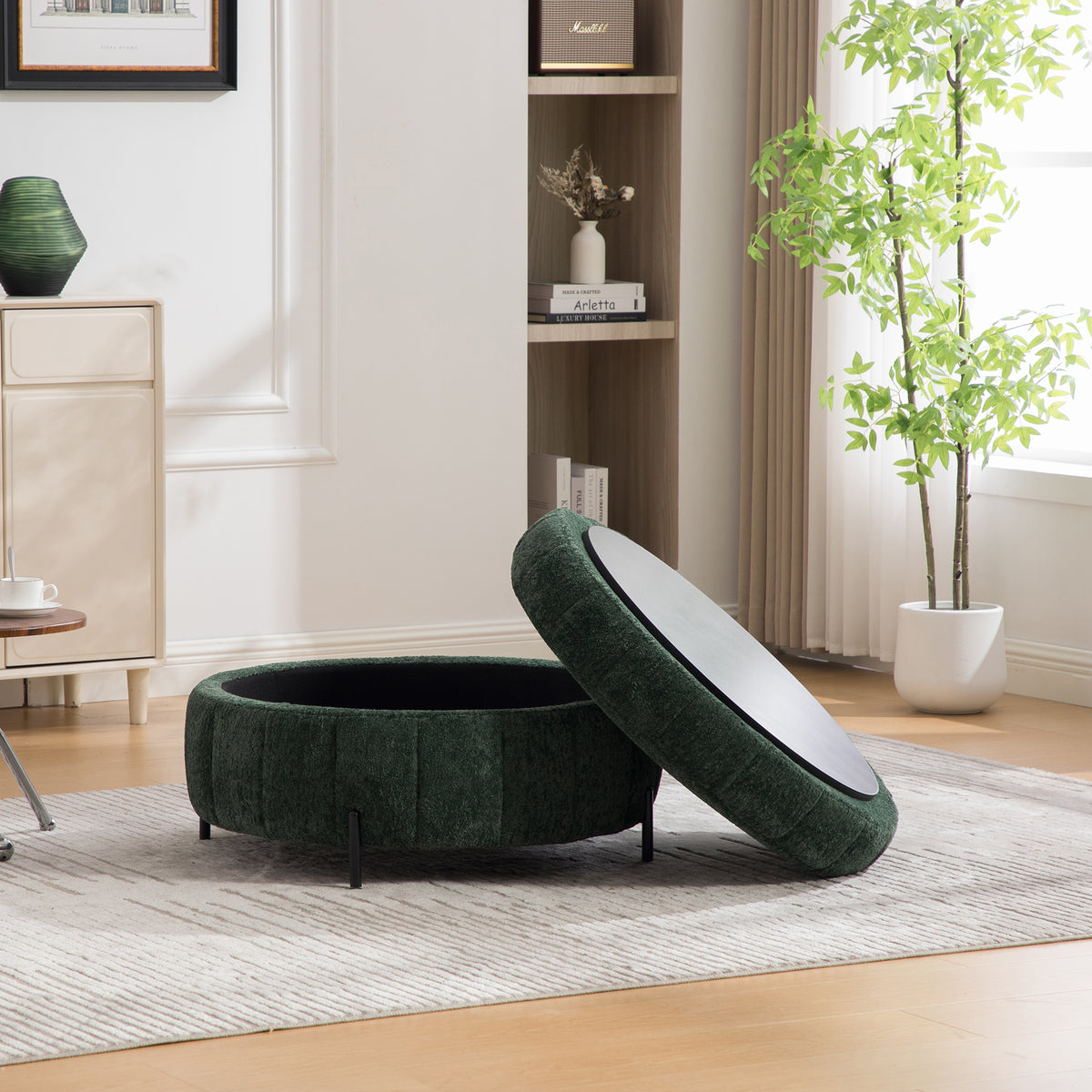 Round Storage Ottoman with Reversible Lid, Green – alternate view 4