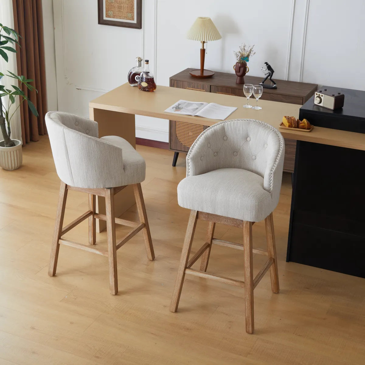 Set of 2 Upholstered Swivel Counter Stools with Backrest, Natural Beige