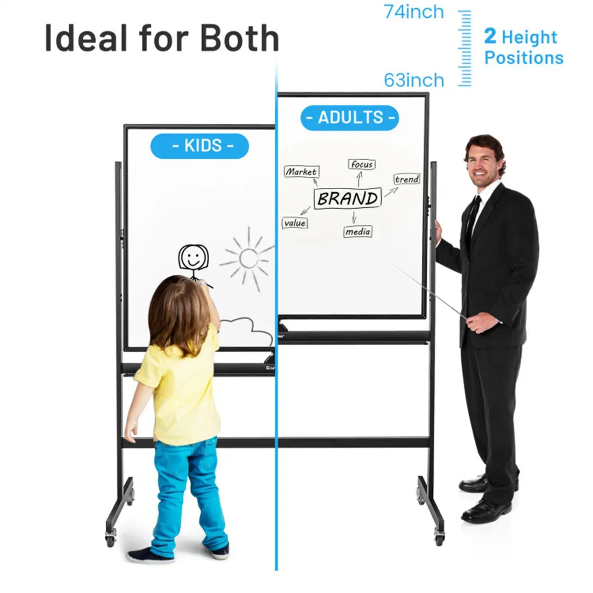 Mobile Magnetic Whiteboard on Wheels, Height Adjustable Double-Sided Reversible