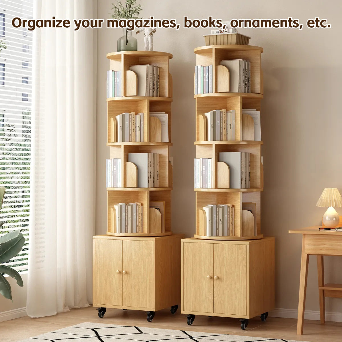 Rotating Corner Bookshelf – 5-Tier With Drawer, Natural Wood Floor-Standing Bookcase – view 3