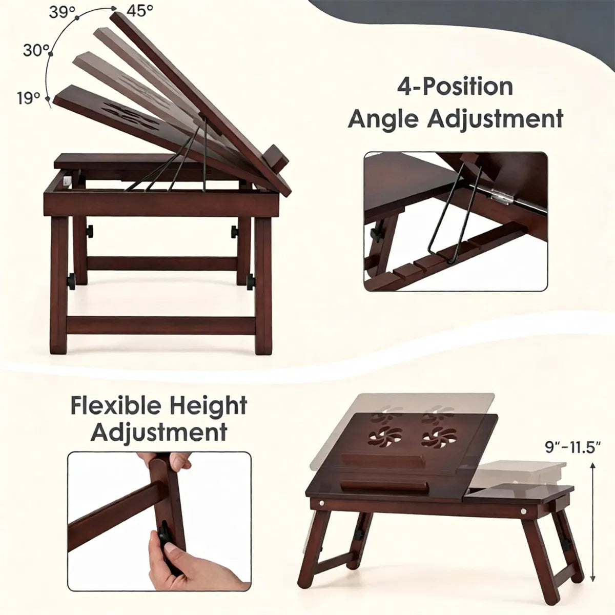 Adjustable Bamboo Laptop Bed Tray with Storage Drawer, Brown
