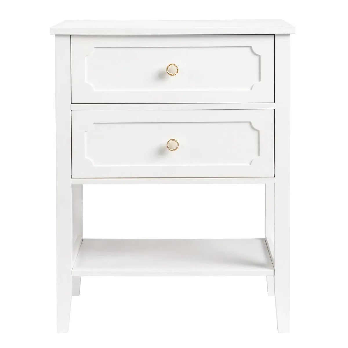 White Wood Nightstand with 2 Drawers and Open Shelf