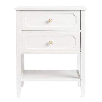 White Wood Nightstand with 2 Drawers and Open Shelf