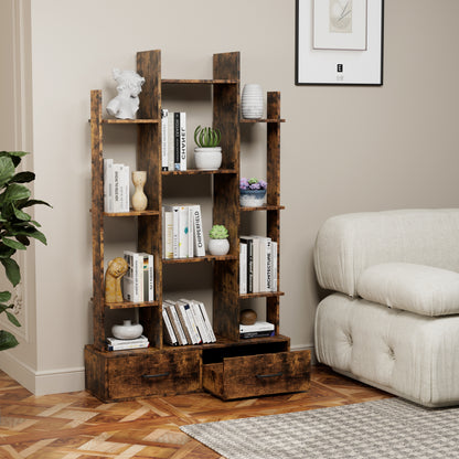 Industrial bookshelf with 2 drawers, rustic brown