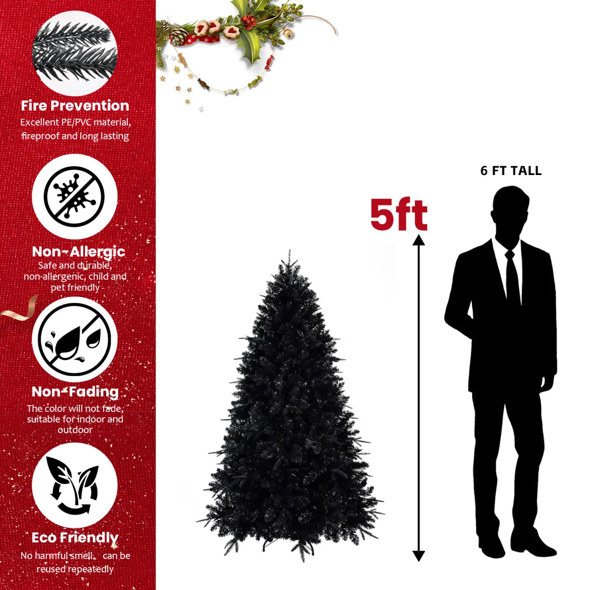 Pre-Lit Black Artificial Christmas Tree with White Lights