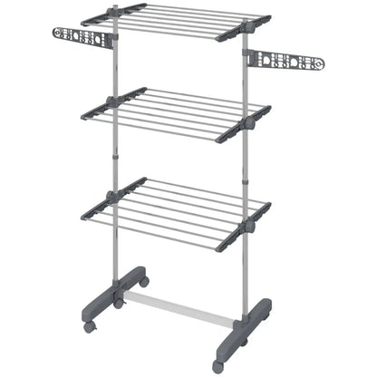 3-Tier Foldable Stainless Steel Clothes Drying Rack with Side Wings and Castors, Grey