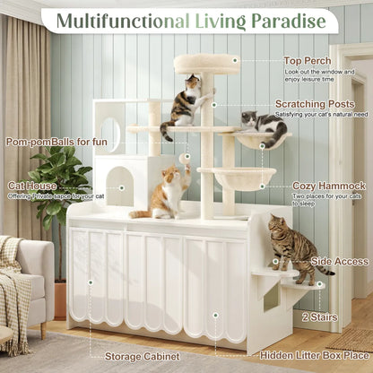 Cat Tree with Litter Box Enclosure, White