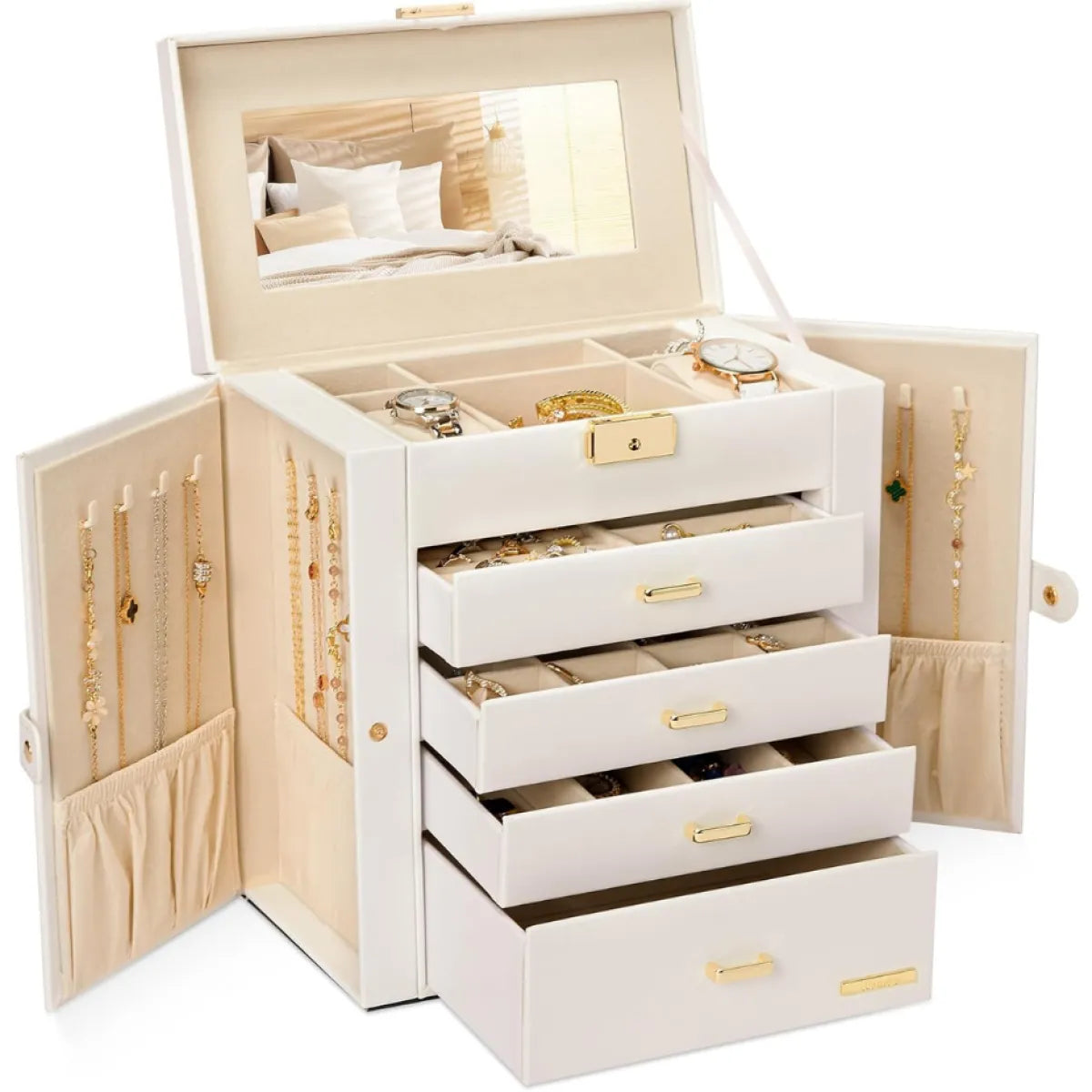 5-Layer Jewelry Organizer Box with Lock, White and Gold