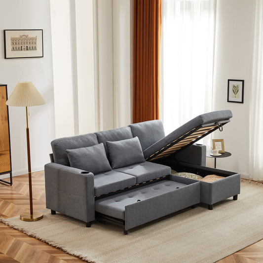 L-shaped sofa bed with storage chaise, grey